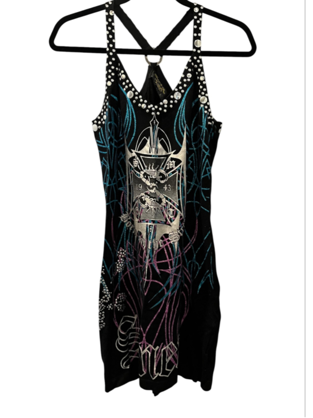 VTG Smet Christian Audigier Mini Dress Black Rhinestone Scorpion Ed Hardy Y2K L